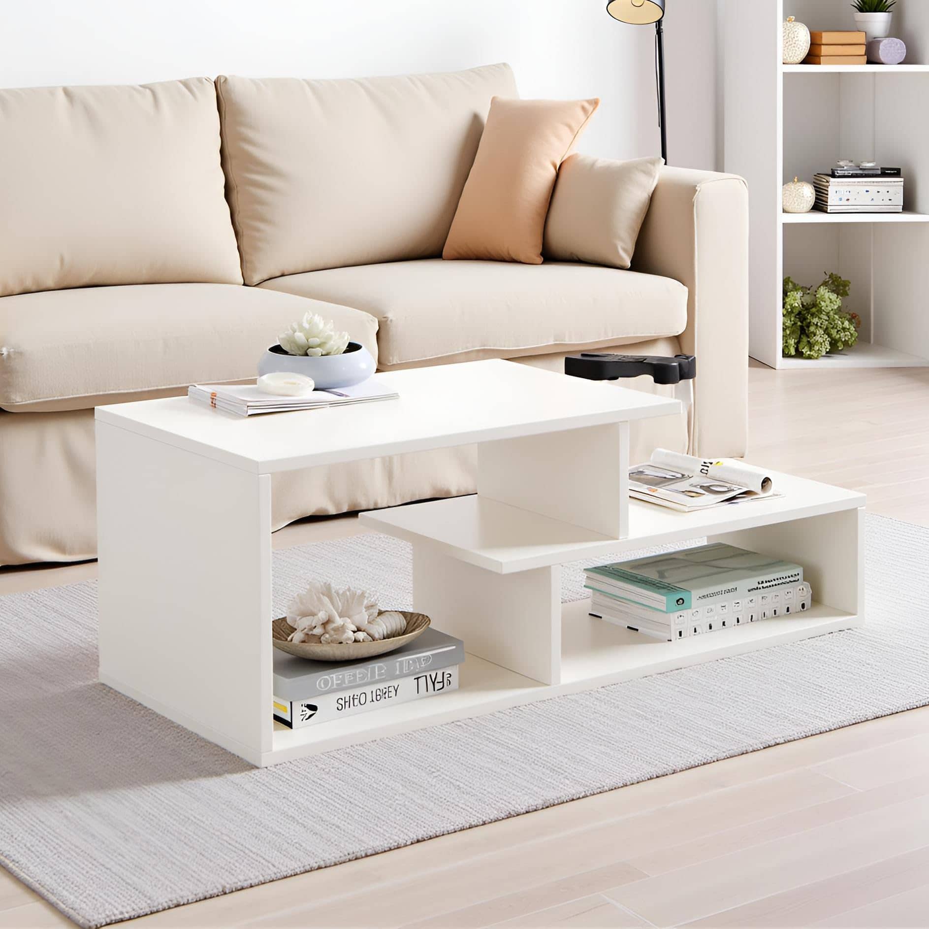 Acura Modern Engineered Wood Center Table with Open Storage Shelves (White)