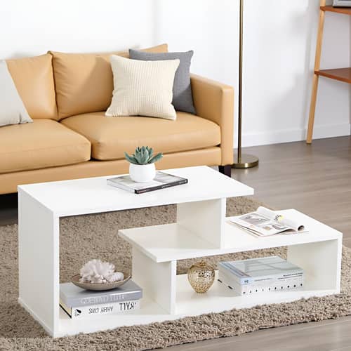 Acura Modern Engineered Wood Center Table with Open Storage Shelves (White)