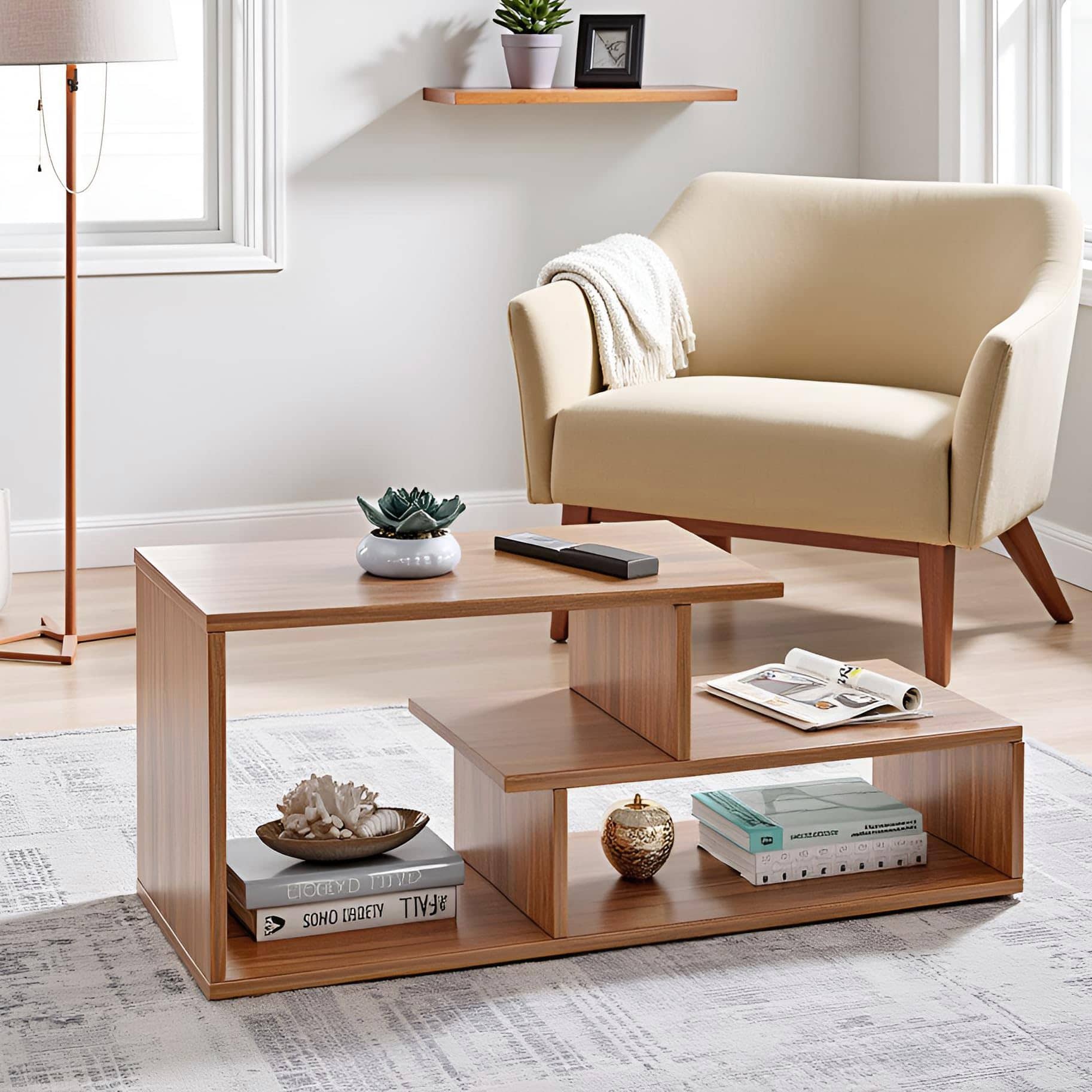 Acura Modern Engineered Wood Center Table with Open Storage Shelves (Exotic Teak)