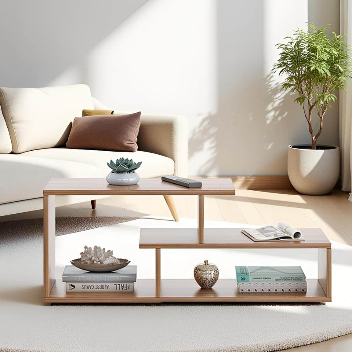 Acura Modern Engineered Wood Center Table with Open Storage Shelves (Exotic Teak) - front_view