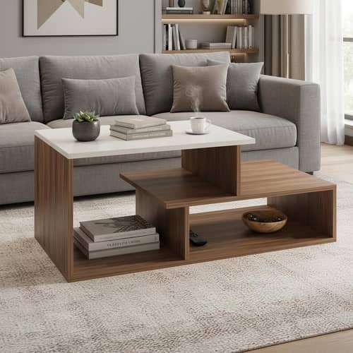 Acura Modern Engineered Wood Center Table with Open Storage Shelves (Exotic Teak & White)