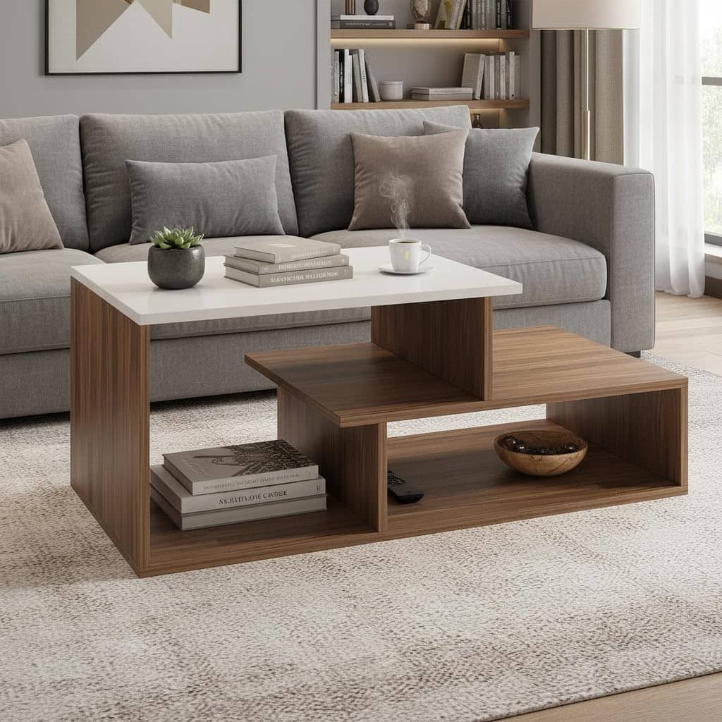 Acura Modern Engineered Wood Center Table with Open Storage Shelves (Exotic Teak & White)