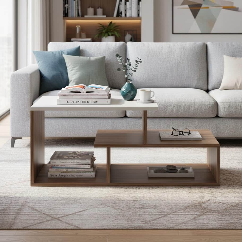 Acura Modern Engineered Wood Center Table with Open Storage Shelves (Exotic Teak & White) - front_view