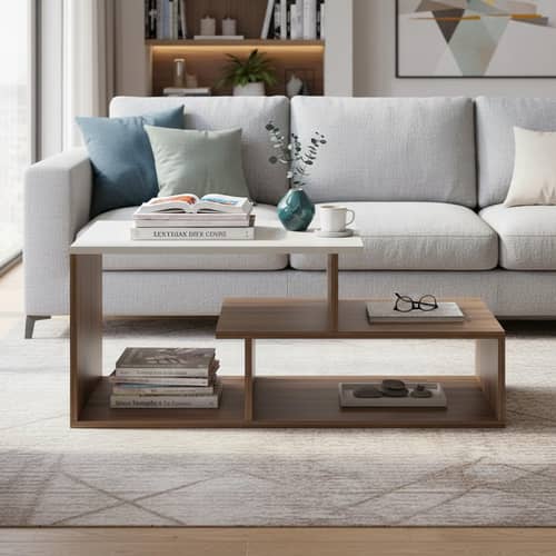 Acura Modern Engineered Wood Center Table with Open Storage Shelves (Exotic Teak & White)