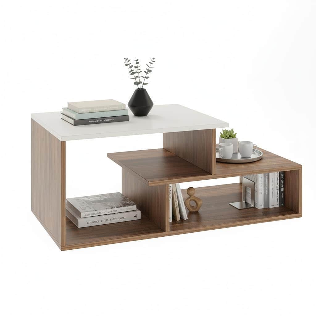 Acura Modern Engineered Wood Center Table with Open Storage Shelves (Exotic Teak & White) - left_view