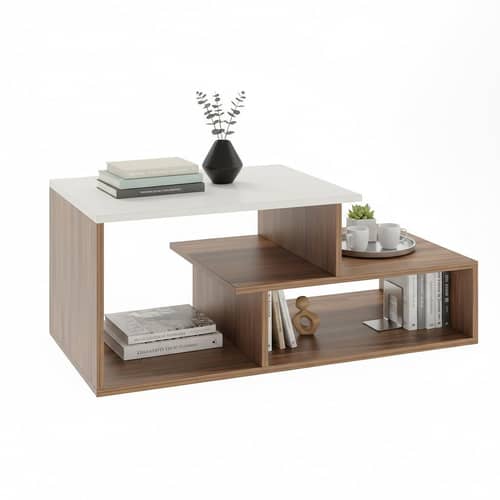 Acura Modern Engineered Wood Center Table with Open Storage Shelves (Exotic Teak & White)