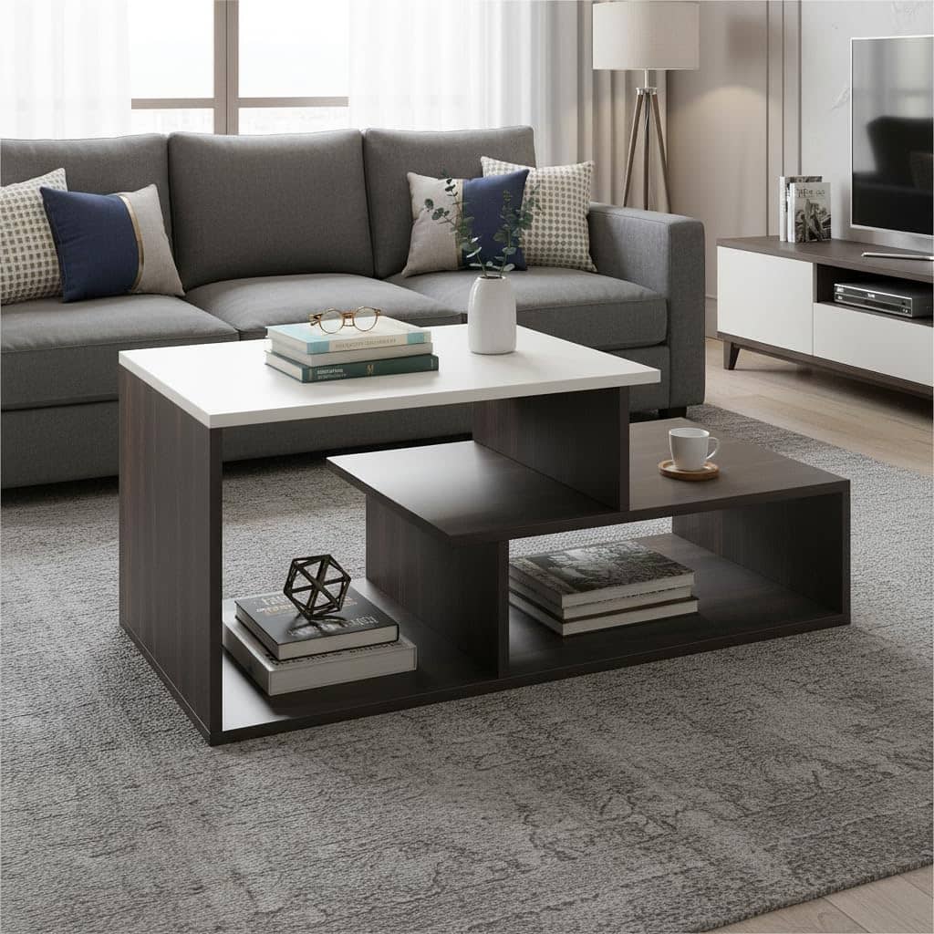 Acura Modern Engineered Wood Center Table with Open Storage Shelves (Wenge & White)