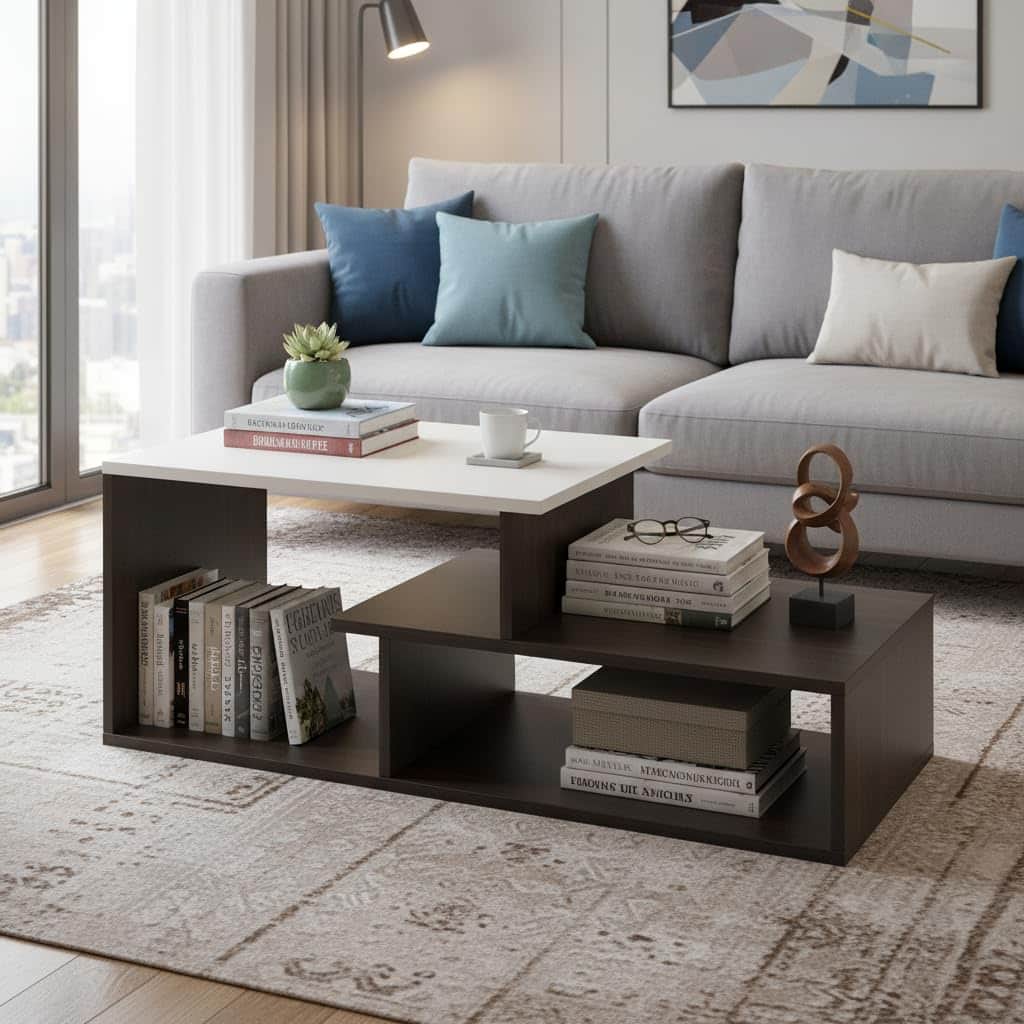 Acura Modern Engineered Wood Center Table with Open Storage Shelves (Wenge & White) - front_view
