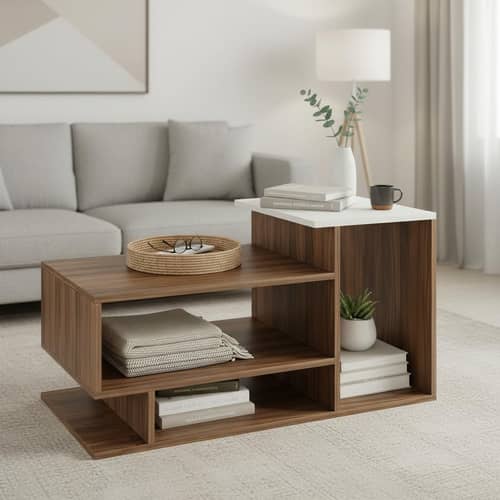 Afaria Modern Engineered Wood Center Table with Storage Shelves (Exotic Teak & White)