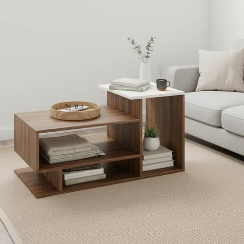 Afaria Modern Engineered Wood Center Table with Storage Shelves (Exotic Teak & White)