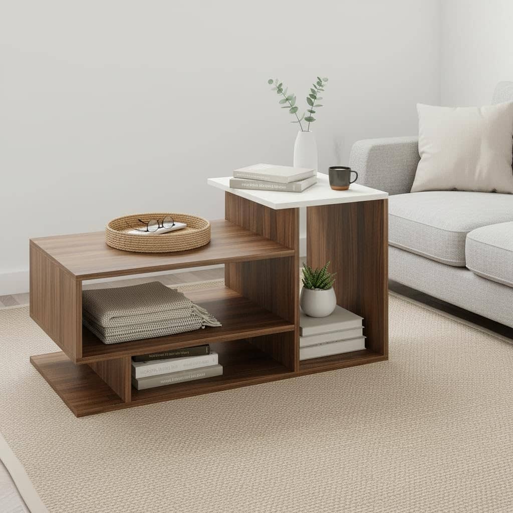 Afaria Modern Engineered Wood Center Table with Storage Shelves (Exotic Teak & White)