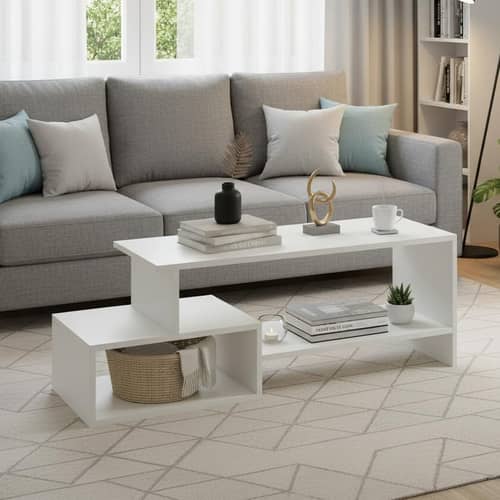 Allium Wooden Center Table with Storage and Open Rack (White)