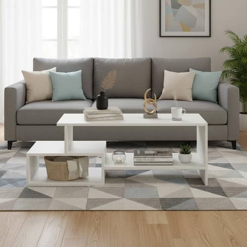 Allium Wooden Center Table with Storage and Open Rack (White)