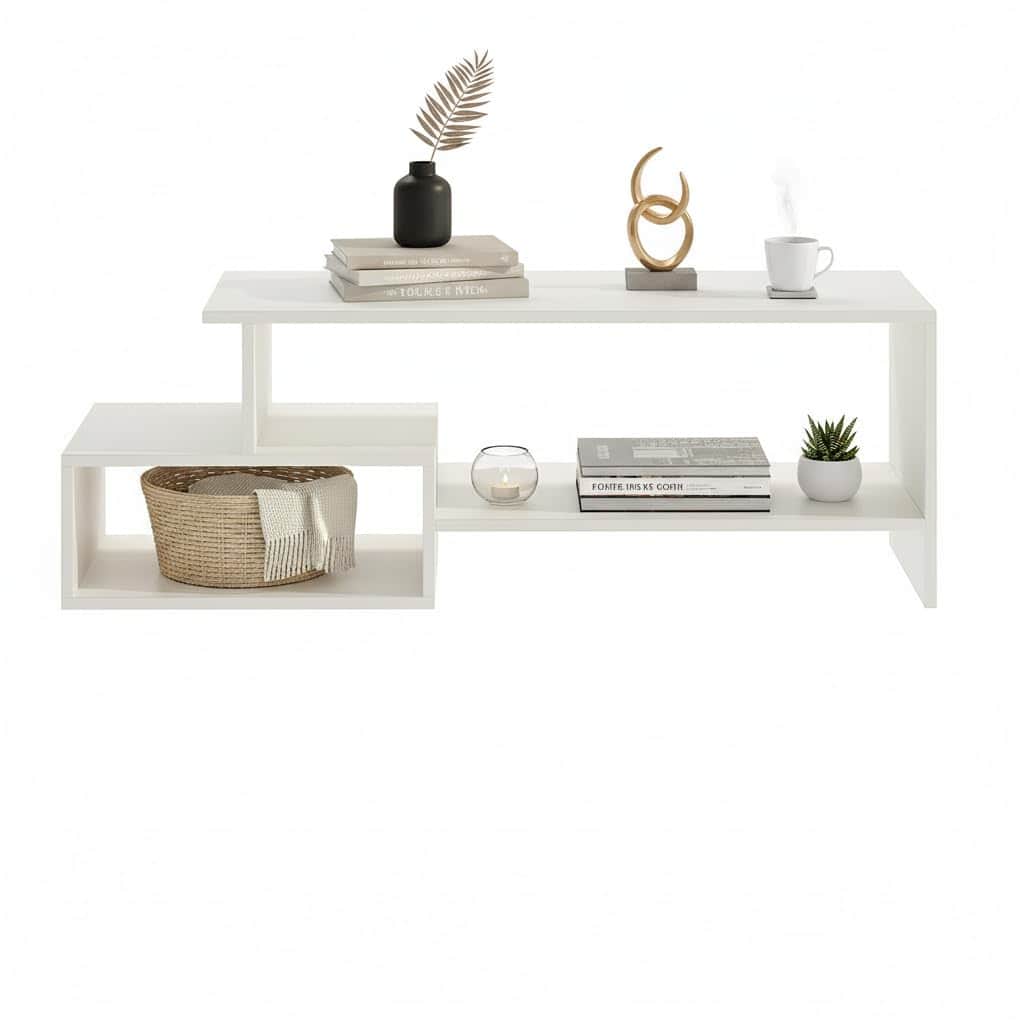 Allium Wooden Center Table with Storage and Open Rack (White) - top_view