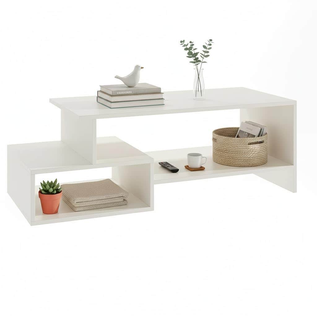 Allium Wooden Center Table with Storage and Open Rack (White) - rear_view