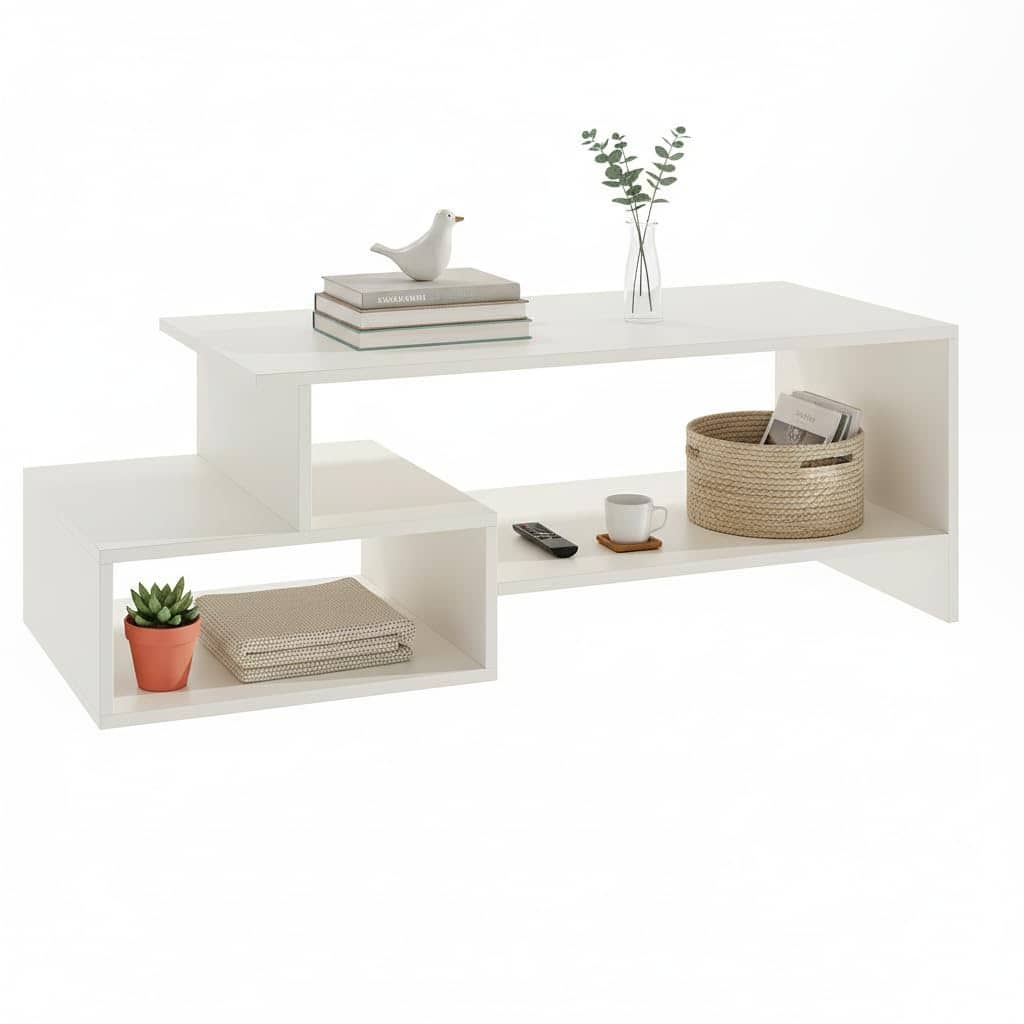 Allium Wooden Center Table with Storage and Open Rack (White)