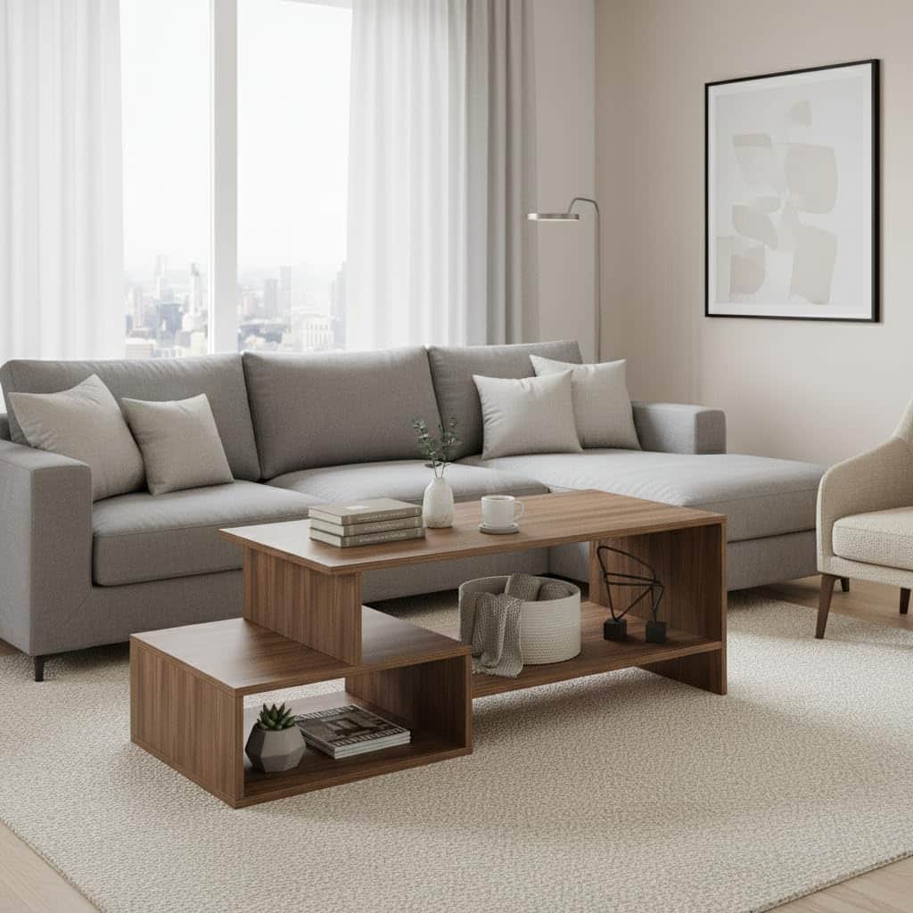 Allium Wooden Center Table with Storage and Open Rack (Exotic Teak) - front_view
