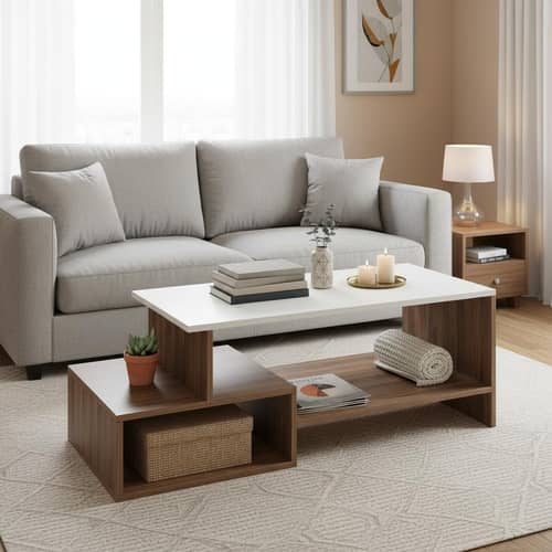 Allium Wooden Center Table with Storage and Open Rack (Exotic Teak & White)