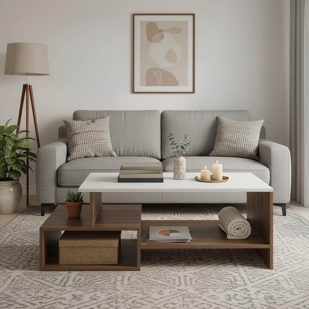 Allium Wooden Center Table with Storage and Open Rack (Exotic Teak & White) - front_view