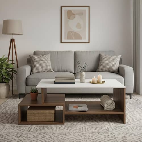 Allium Wooden Center Table with Storage and Open Rack (Exotic Teak & White)