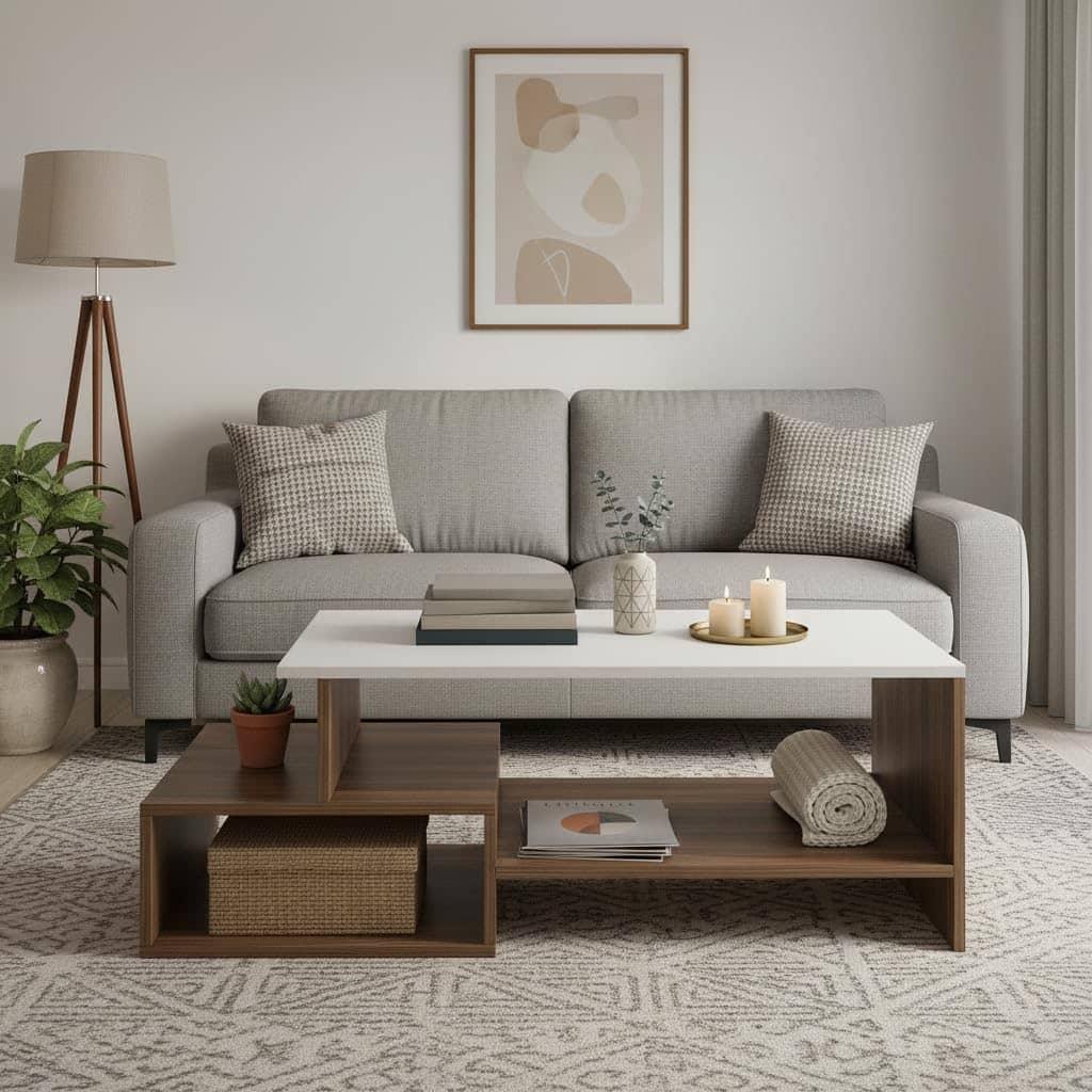 Allium Wooden Center Table with Storage and Open Rack (Exotic Teak & White)