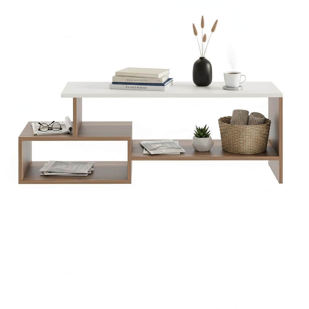 Allium Wooden Center Table with Storage and Open Rack (Exotic Teak & White) - top_view