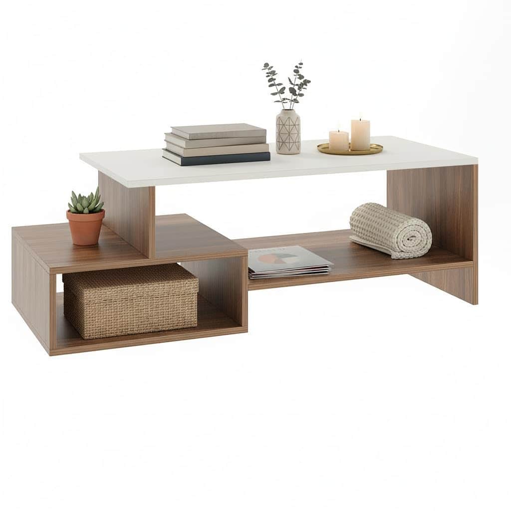 Allium Wooden Center Table with Storage and Open Rack (Exotic Teak & White) - left_view