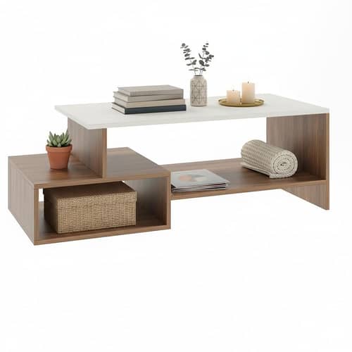 Allium Wooden Center Table with Storage and Open Rack (Exotic Teak & White)