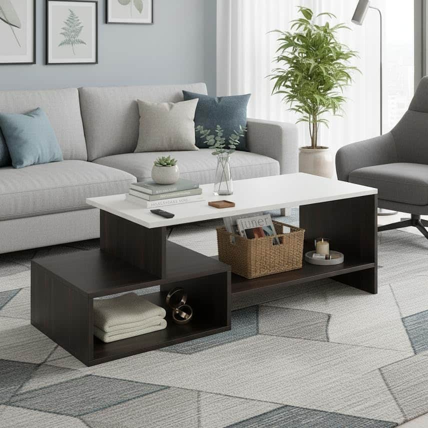 Allium Wooden Coffee Table with Storage and Open Rack (Wenge & White) - front_view
