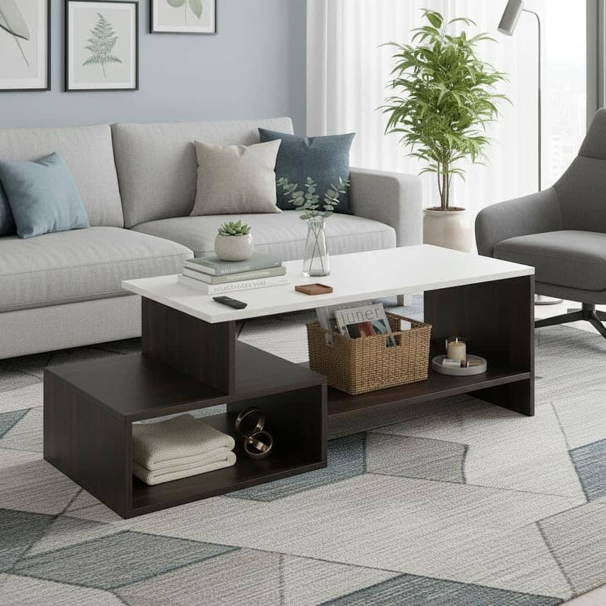 Allium Wooden Coffee Table with Storage and Open Rack (Wenge & White)