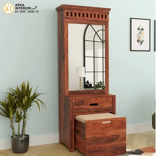 Sheesham Wood Dressing Table with Mirror with Seating Stool (24x16x77 Inches)