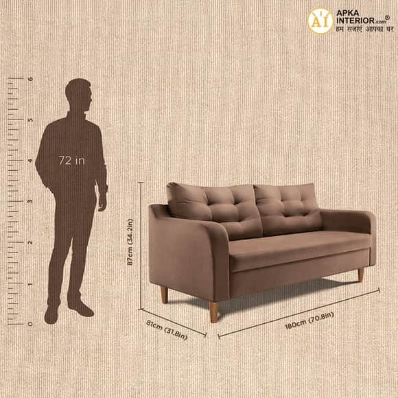 Ease Fabric 3 Seater Sofa (Finish Color - Cocoa Brown) (71x32x34 Inches) - front_view