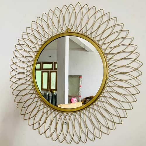 Engineered Iron Round Wall Mirror in Golden Colour
