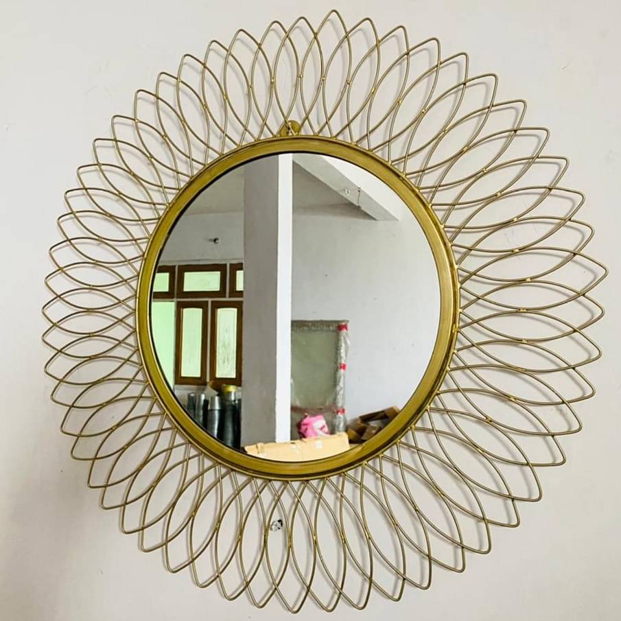 Engineered Iron Round Wall Mirror in Golden Colour