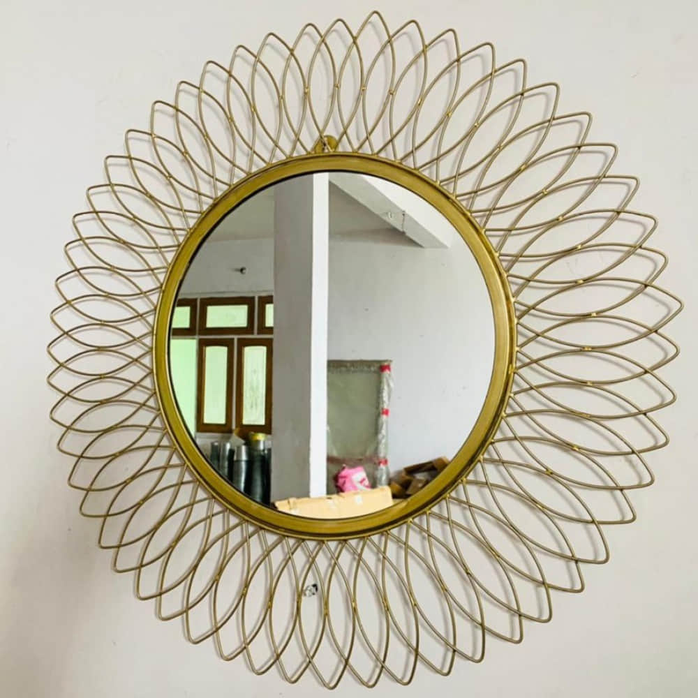 Engineered Iron Round Wall Mirror in Golden Colour - photo