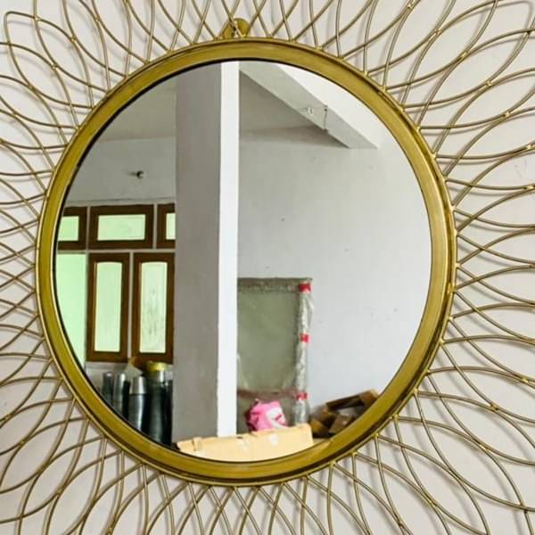Engineered Iron Round Wall Mirror in Golden Colour