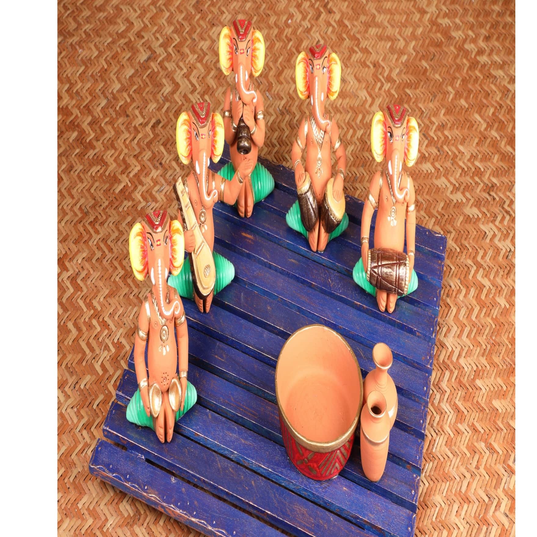 Terracotta & Wood Green Musical Ganesh - top_view