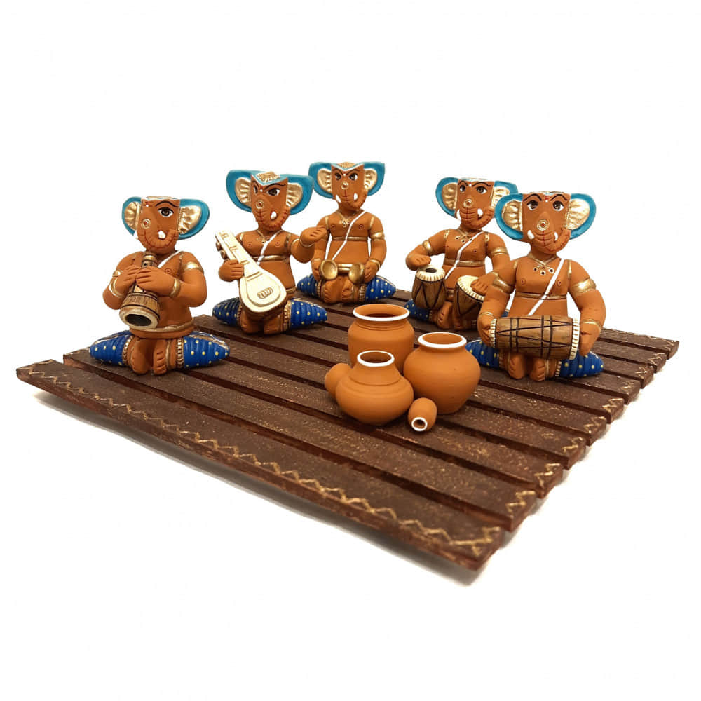 Terracotta & Wood Blue Musical Ganesh - photo