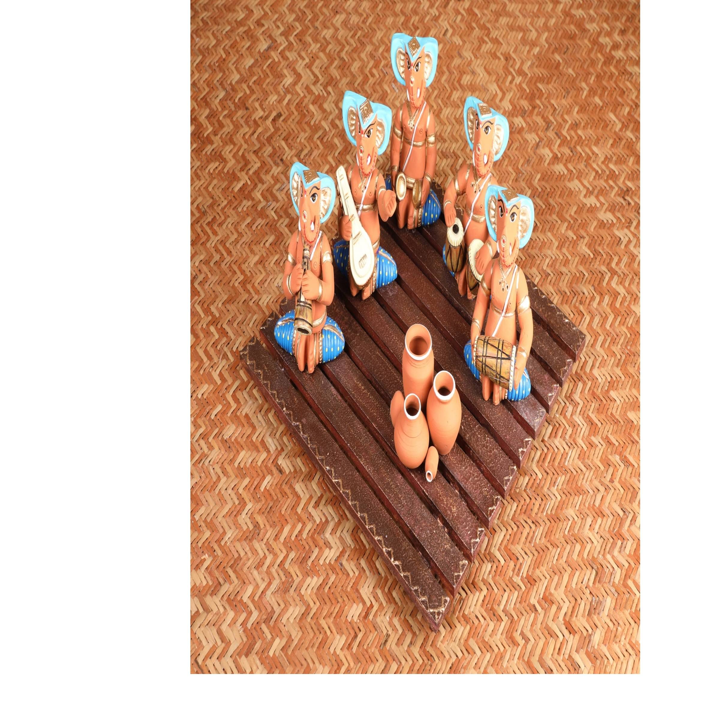 Terracotta & Wood Blue Musical Ganesh