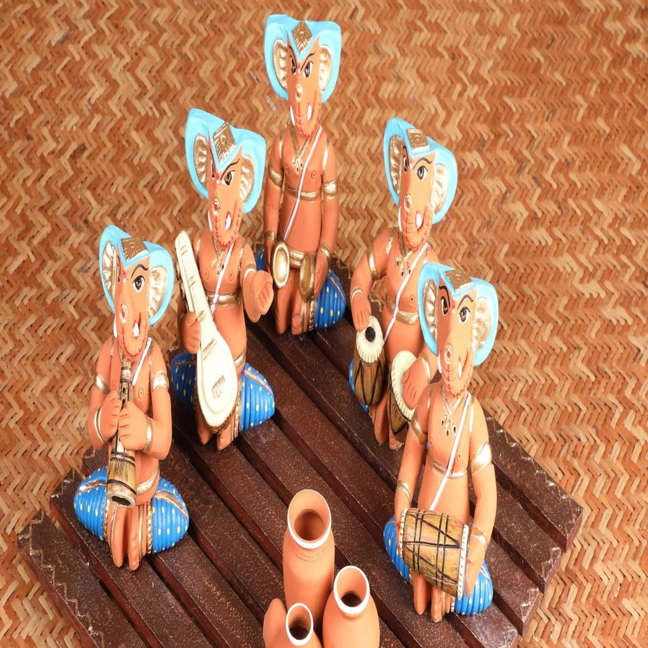 Terracotta & Wood Blue Musical Ganesh