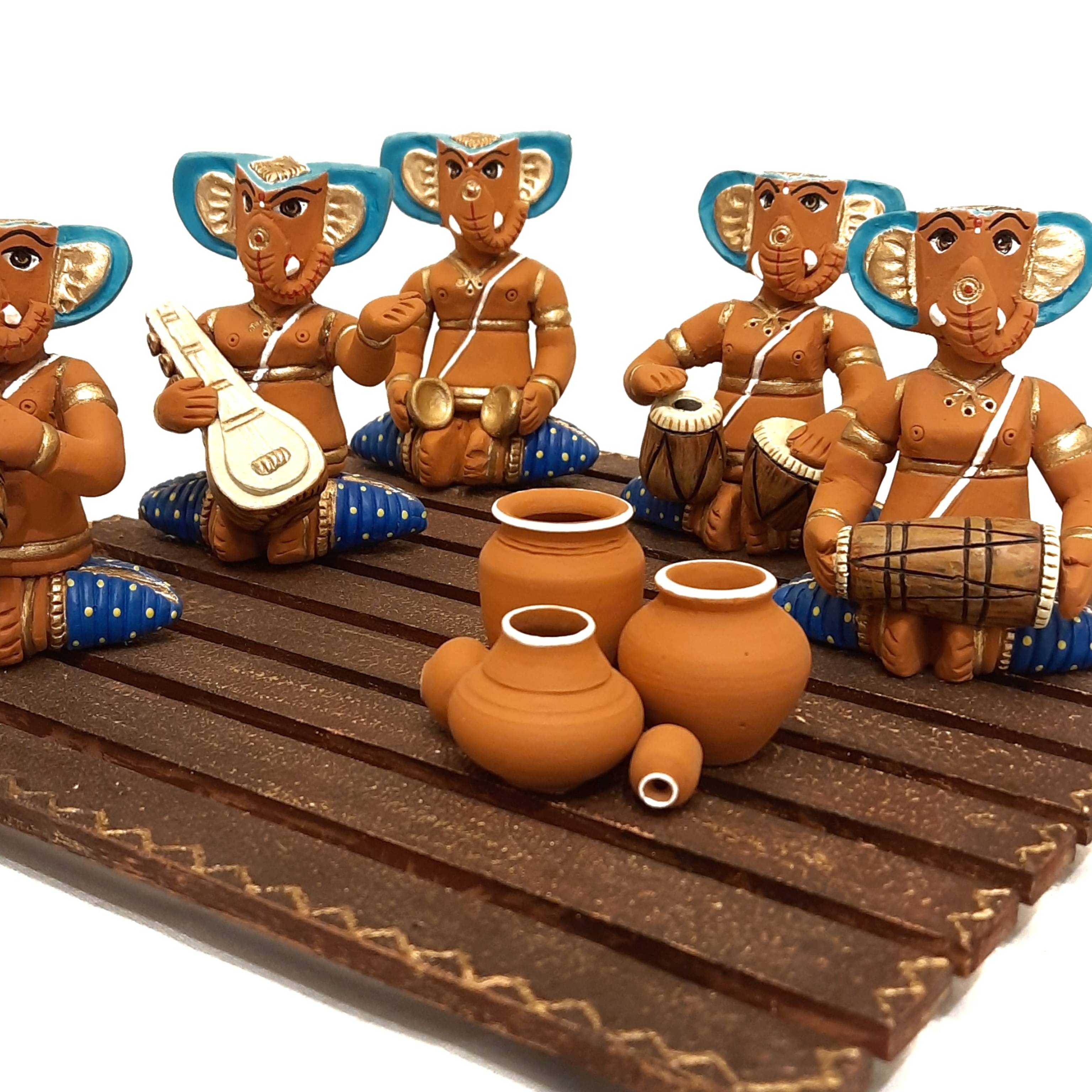 Terracotta & Wood Blue Musical Ganesh