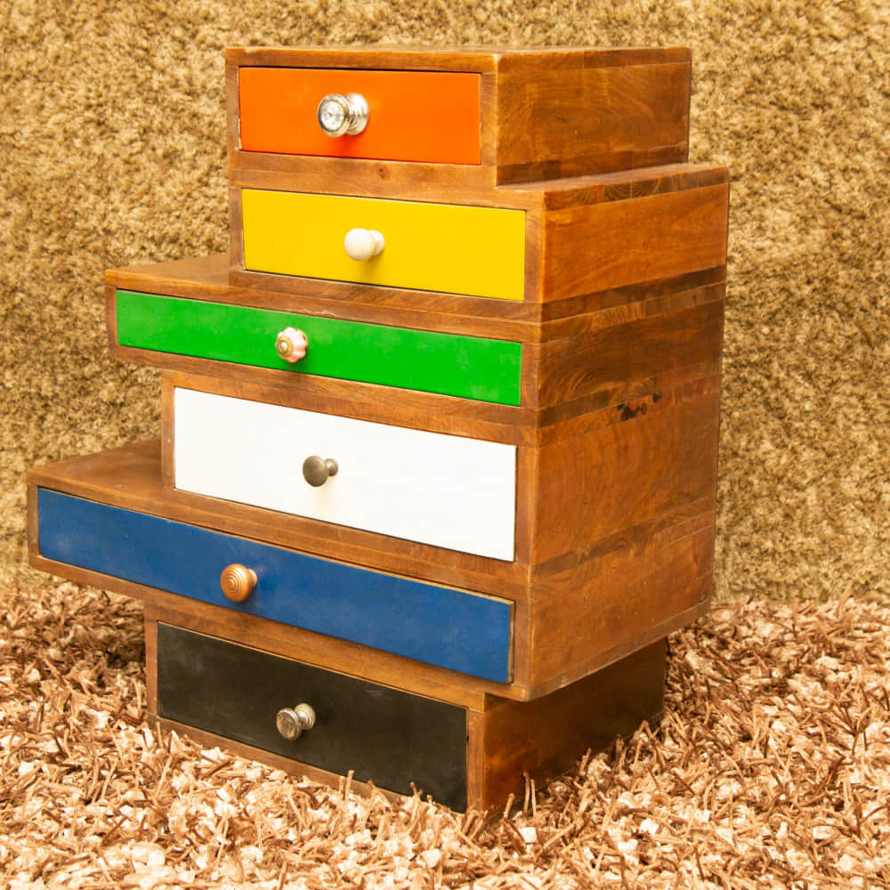 5 Drawer Wooden Side Table With Walnut Finish - photo