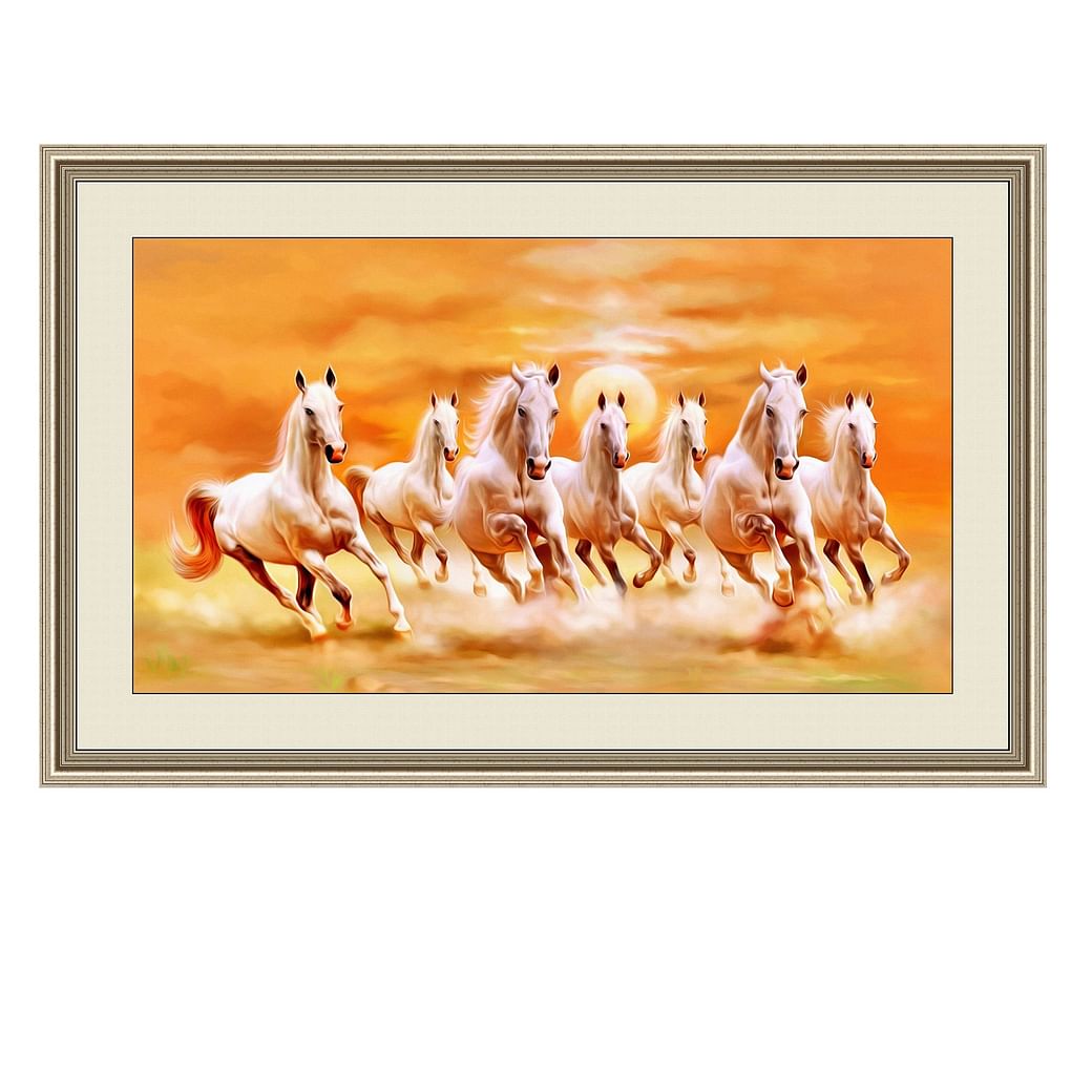 Seven Horse Canvas Painting with Heavy Duty Frame- 15 Inch X 22 Inch
