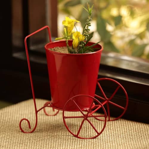Home Decor 'Plant On Wheels' Table and Floor Decorative Metal Flower Planter Pot 1 Planter, 1 Stand (Glossy Red, 7.3 * 5.0 * 7.1Inch)
