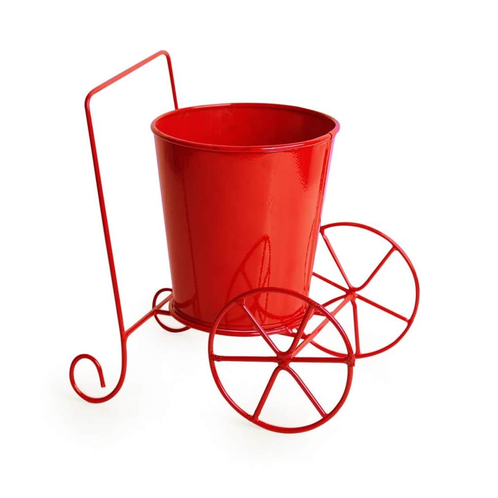 Home Decor 'Plant On Wheels' Table and Floor Decorative Metal Flower Planter Pot 1 Planter, 1 Stand (Glossy Red, 7.3 * 5.0 * 7.1Inch) - front_view