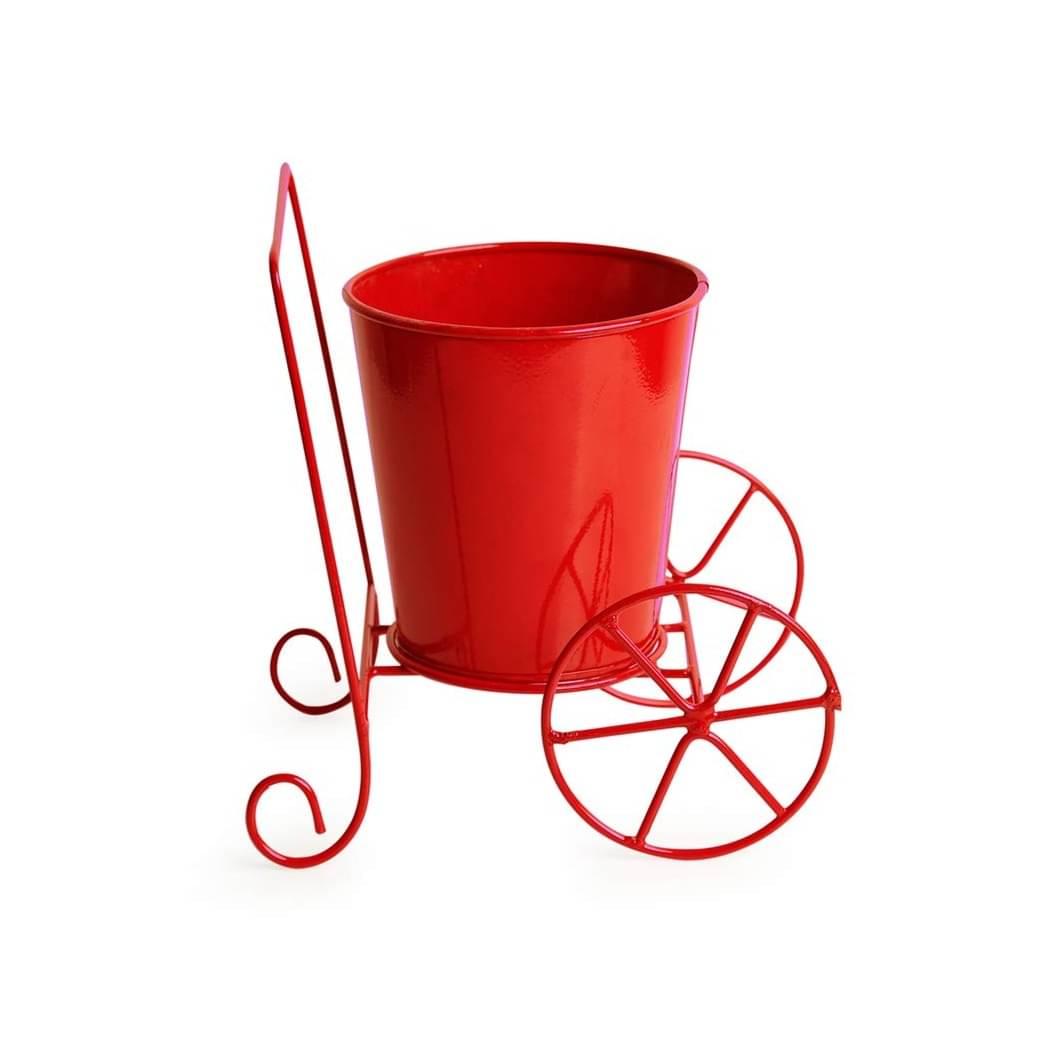 Home Decor 'Plant On Wheels' Table and Floor Decorative Metal Flower Planter Pot 1 Planter, 1 Stand (Glossy Red, 7.3 * 5.0 * 7.1Inch)