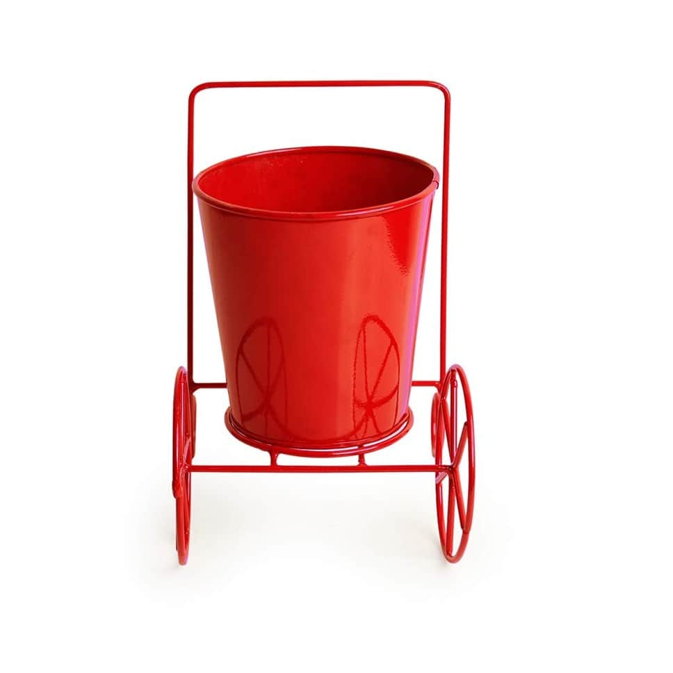Home Decor 'Plant On Wheels' Table and Floor Decorative Metal Flower Planter Pot 1 Planter, 1 Stand (Glossy Red, 7.3 * 5.0 * 7.1Inch) - rear_view