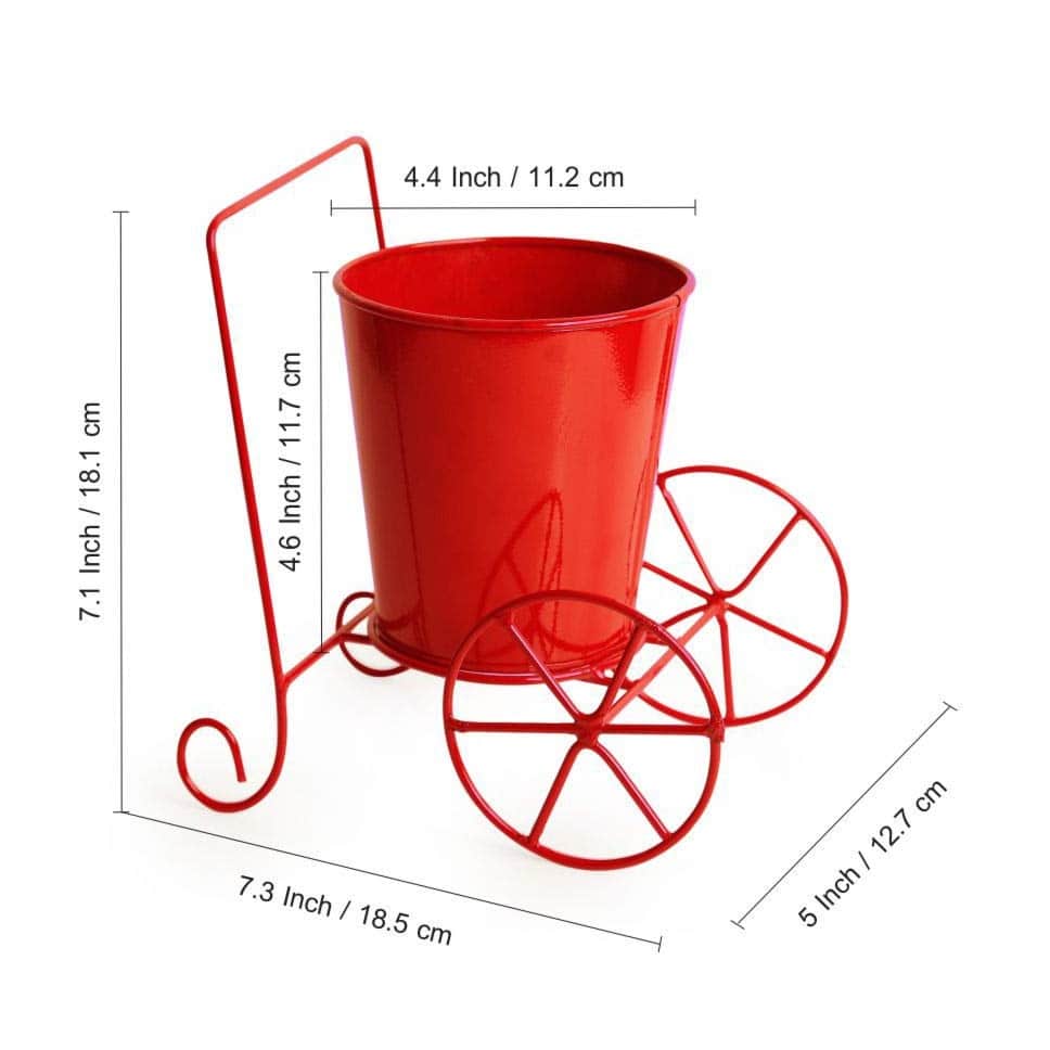 Home Decor 'Plant On Wheels' Table and Floor Decorative Metal Flower Planter Pot 1 Planter, 1 Stand (Glossy Red, 7.3 * 5.0 * 7.1Inch) - left_view