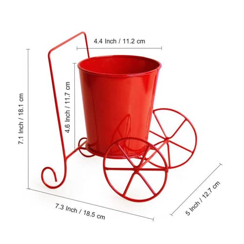 Home Decor 'Plant On Wheels' Table and Floor Decorative Metal Flower Planter Pot 1 Planter, 1 Stand (Glossy Red, 7.3 * 5.0 * 7.1Inch)