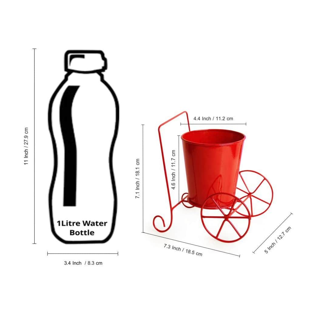 Home Decor 'Plant On Wheels' Table and Floor Decorative Metal Flower Planter Pot 1 Planter, 1 Stand (Glossy Red, 7.3 * 5.0 * 7.1Inch) - right_view
